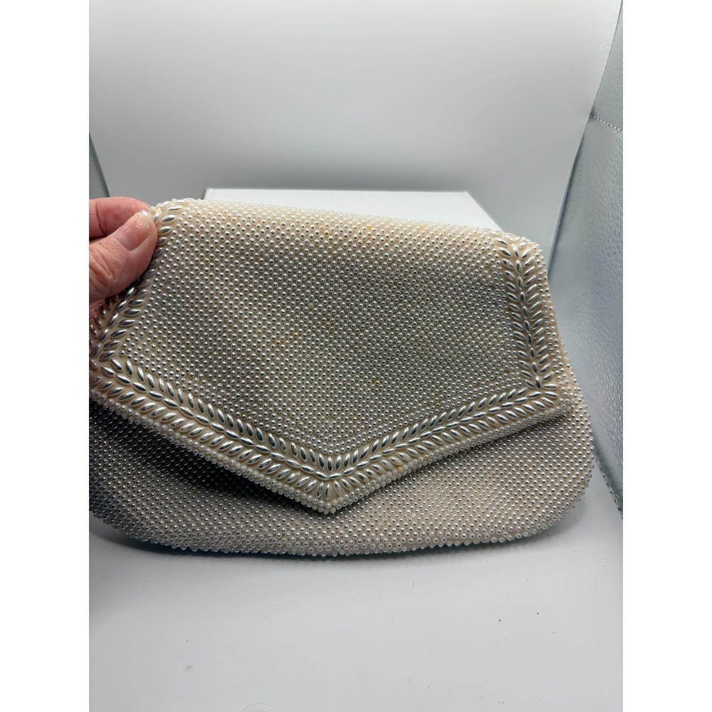Vintage White Beaded Envelop Clutch with Decorative Trim
